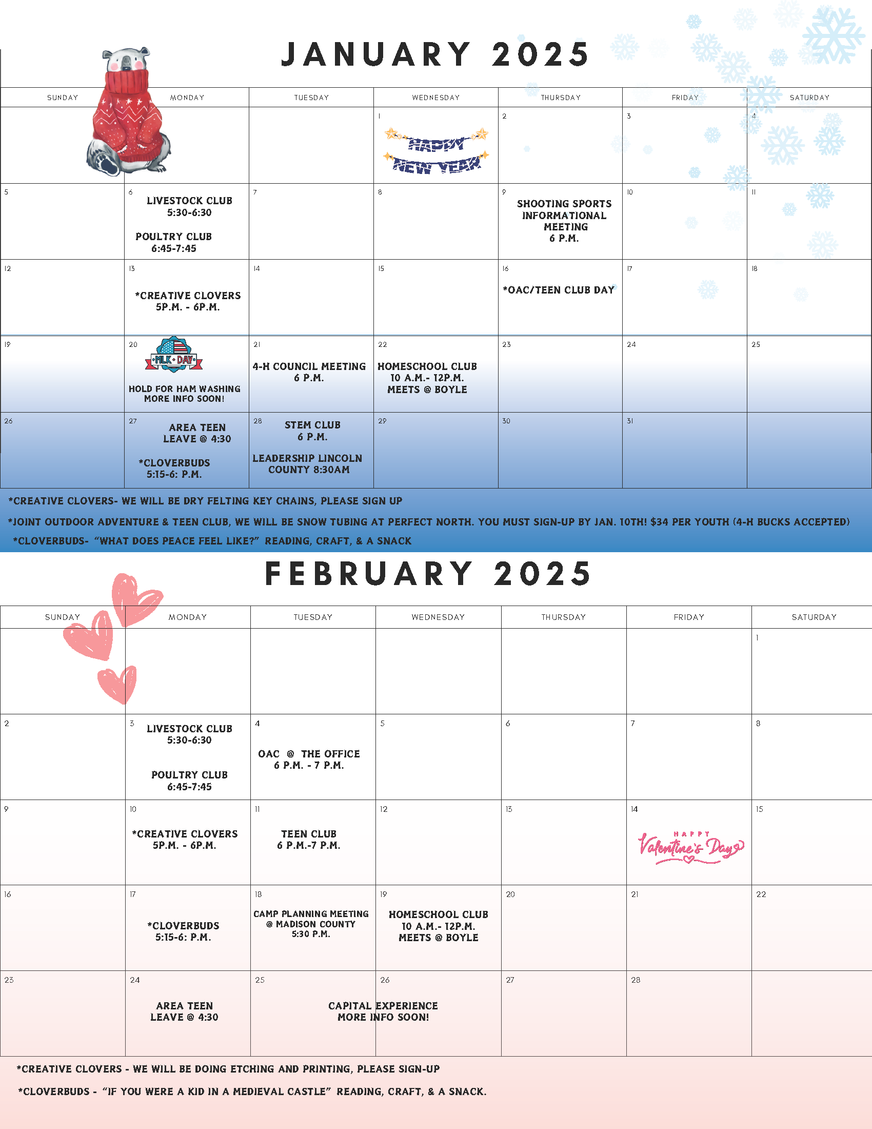 January and February 4-H calendar 2025